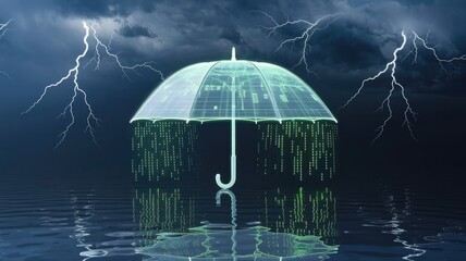 Digital Umbrella in Storm: A symbolic representation of digital security, depicting a transparent umbrella made of data and code, shielding against a stormy backdrop of lightning strikes.