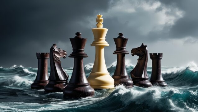 Chess Pieces in Stormy Sea - Chess pieces, symbols of strategy, resilience, and leadership, stand firm amidst turbulent ocean waves