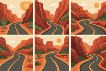 Desert landscape silhouette icons set &ndash; outline, nature, canyon and mountain symbols