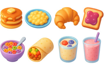 Breakfast delight icons set &ndash; pancakes, croissant, smoothie, toast, cereal. 3D icon set
