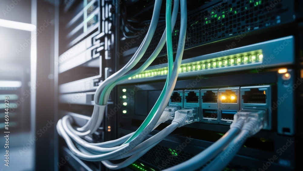 Poster data center network infrastructure - close-up of network cables connected to a server rack in a data
