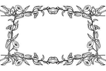 Line art botanical floral frame isolated on white background. Hand drawn outline bindweed plant with Flowers Stems Leaves vector illustration. Graphic design element for Birthday Wedding Greeting Card
