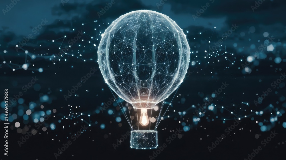 Poster lightbulb balloon ascension: a digital lightbulb balloon soars through a cosmic expanse of interconn