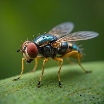 A robot insect sits on a green leaf