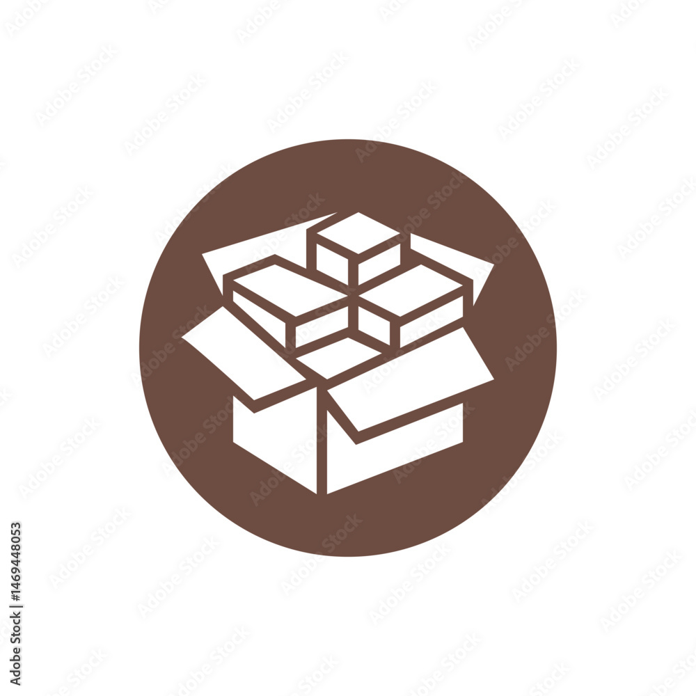 Poster illustration of an open cardboard box filled with white rectangular packages on a brown circular bac