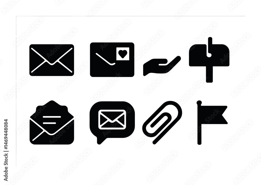 Poster email and communication solid icons set – envelope, message, mailbox symbols