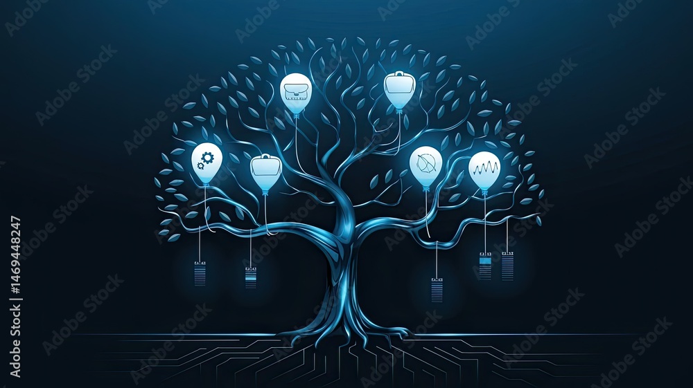 Poster visionary tree: a digital representation of growth and development, a stylized tree with glowing orb