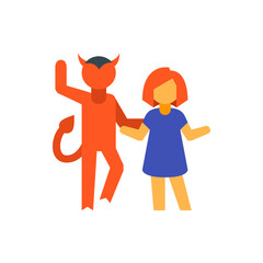 Illustration of a red devil with horns and tail walking with a girl in a blue dress on a white background