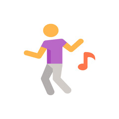 Illustration of a person dancing with arms raised next to a musical note on a white background design