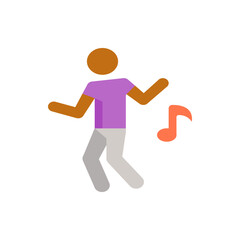 Illustration of a person with a brown head and arms dancing next to a musical note on a white background