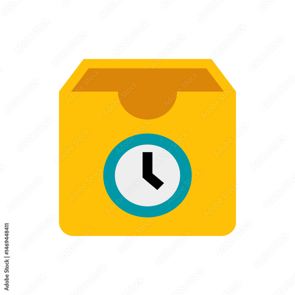 Poster yellow inbox with a teal clock icon showing the time on its face inside the inbox illustration icon