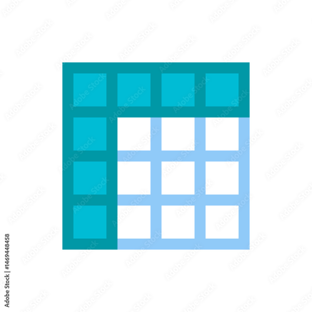 Poster illustration of a square grid with light blue lines and a partial fill of teal squares on the top an