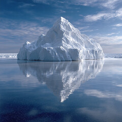 Towering icebergs floating in a still polar sea