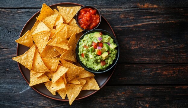 Crispy tortilla chips with guacamole and salsa