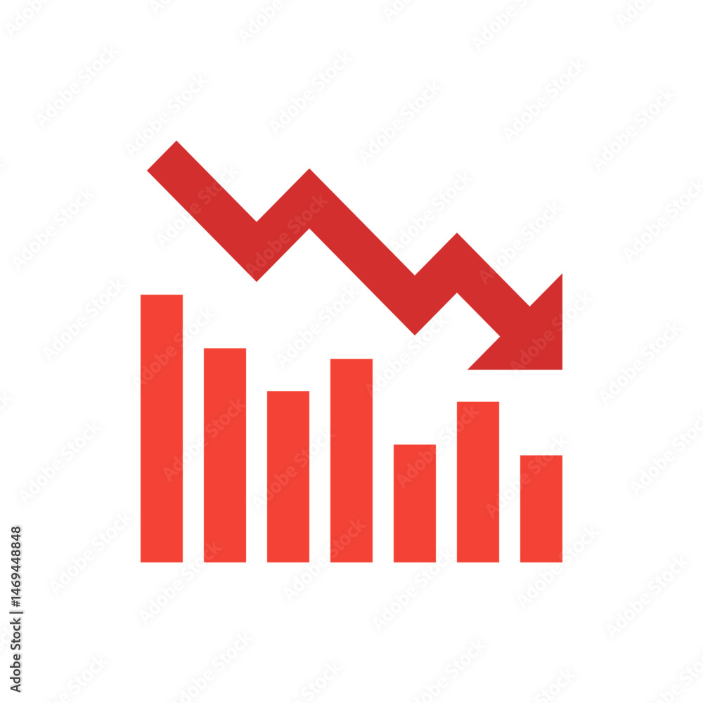 Poster red downward trend arrow over bar graph showing decrease in value or performance on a white backgrou
