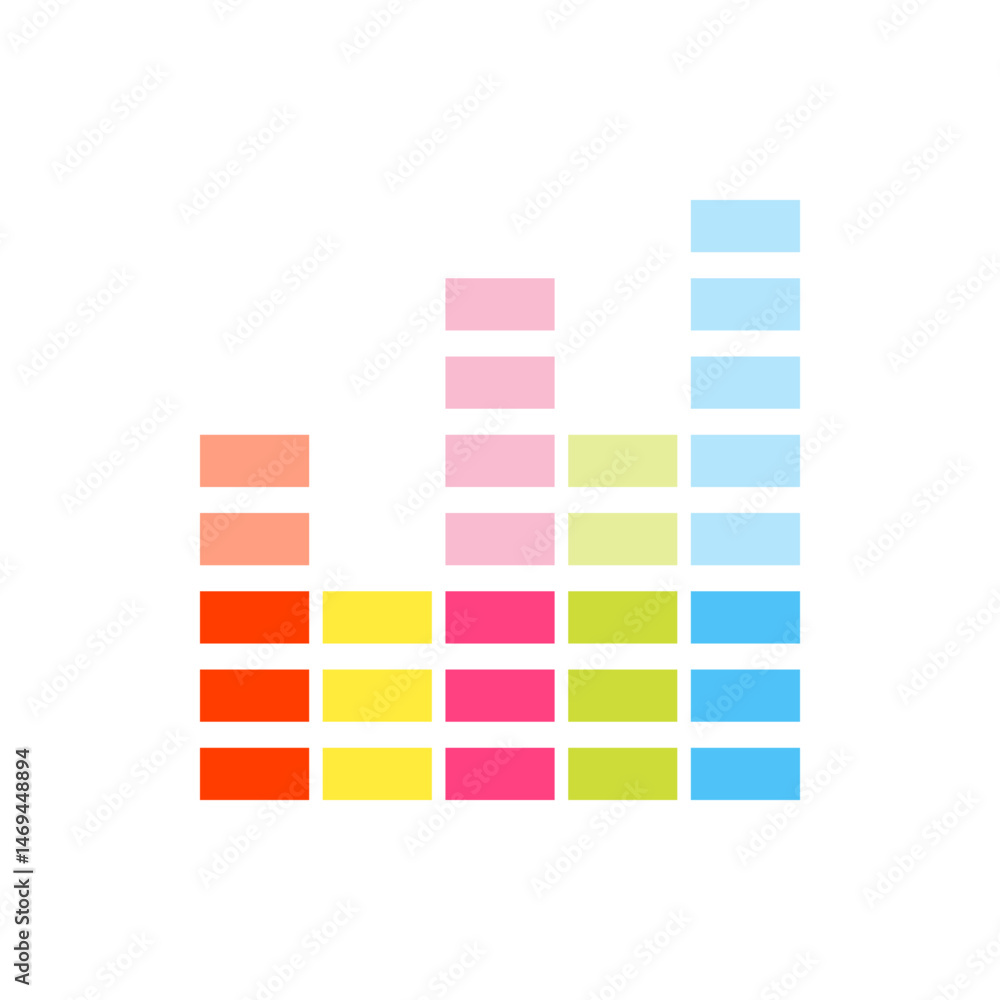 Poster colorful graphic equalizer bars arranged in ascending order on a white background creating a visual 