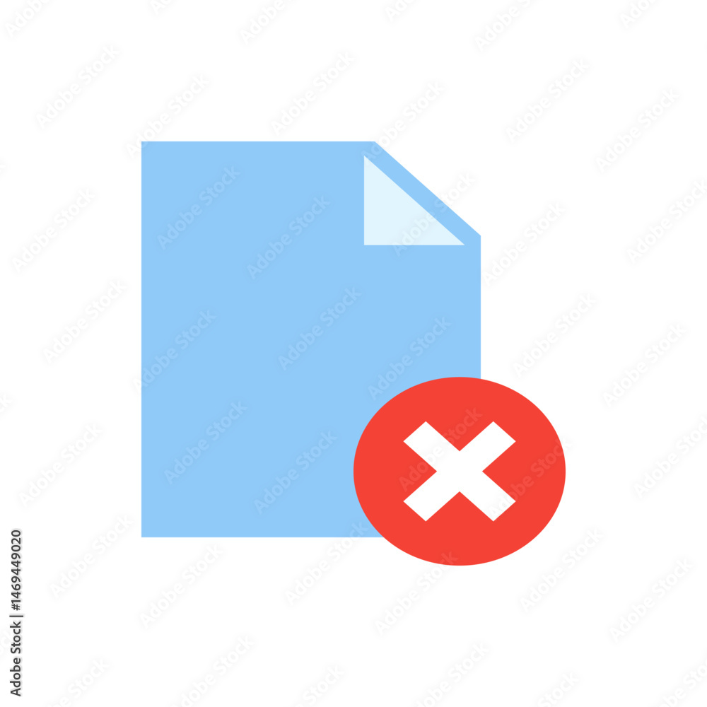 Poster light blue document with a folded corner and a red circle with a white cross indicating deletion 100