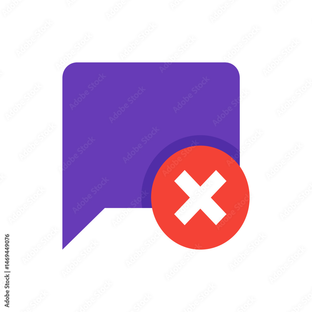 Poster purple speech bubble with rounded corners and a red circle with a white x overlaying the bubble edge