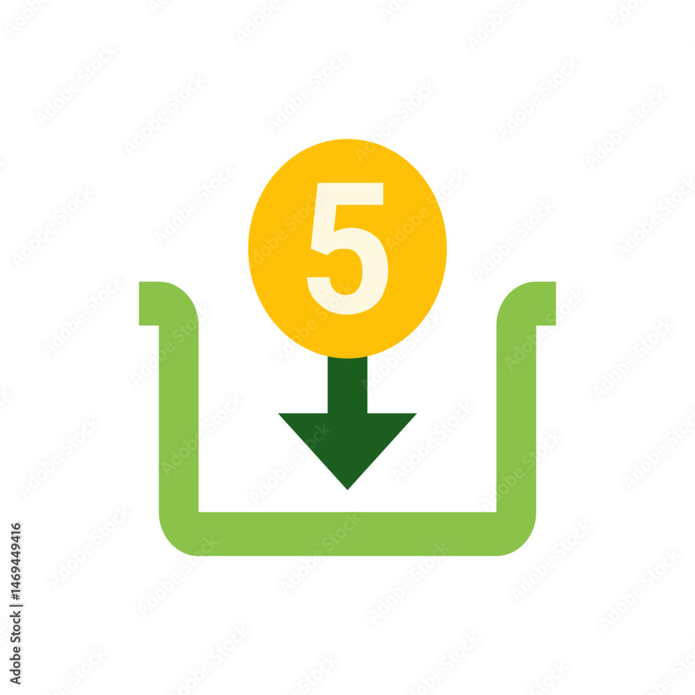 Poster illustration of a green arrow pointing down into a green container with a yellow circle and number 5