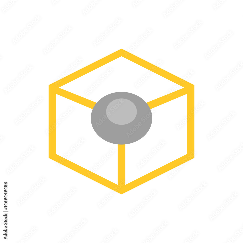 Aufkleber a yellow outlined cube containing a gray sphere centered within the frame of the geometric shape her