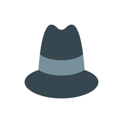 Illustration of a fedora style hat with a light blue band around it on a white background view from front
