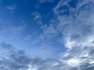 bright blue sky background with beautiful white clouds, clear sky in the afternoon