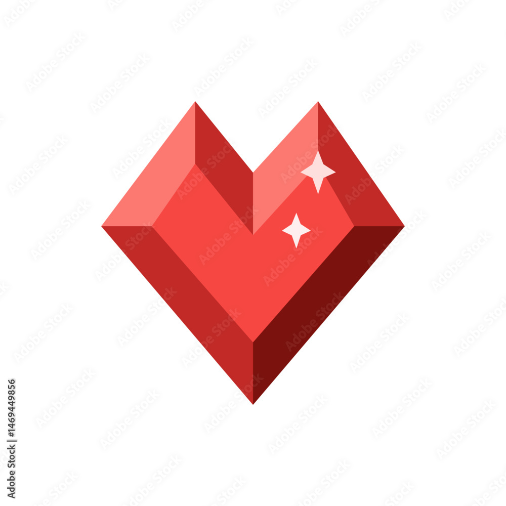 Poster illustration of a stylized red heart shape with angular facets and two white star shaped sparkles on