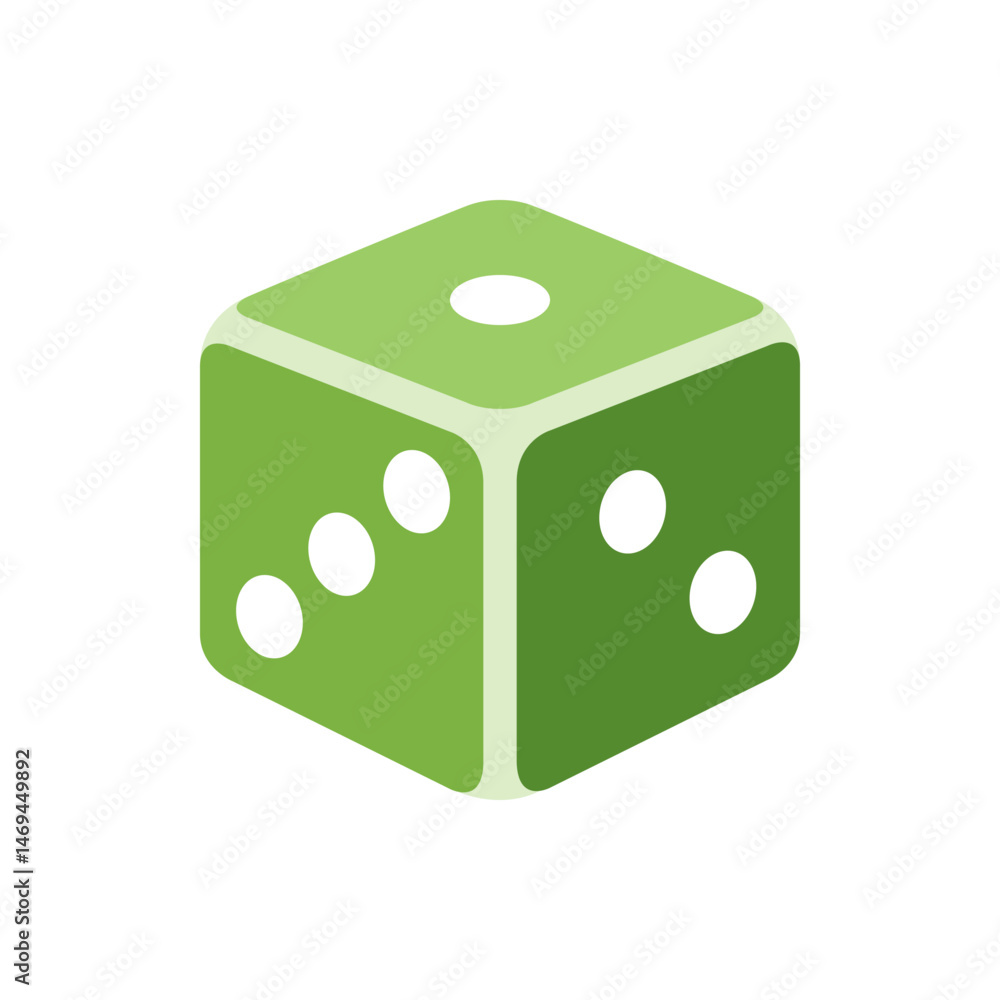 Poster isometric view of a green die with white dots showing sides with one three and four pips displayed n