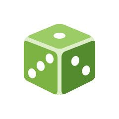 Isometric view of a green die with white dots showing sides with one three and four pips displayed nicely