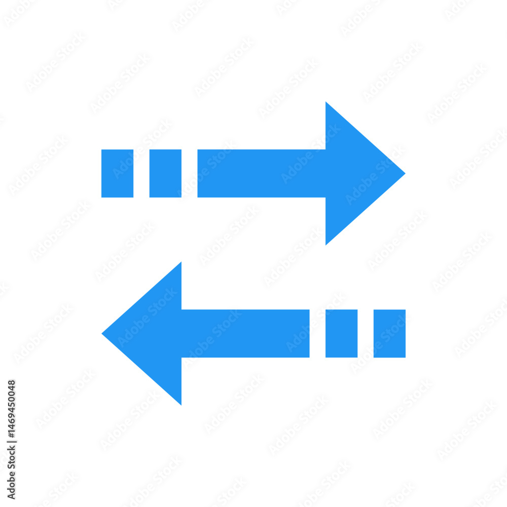 Poster two horizontal blue arrows pointing in opposite directions with dashed lines on a white background d