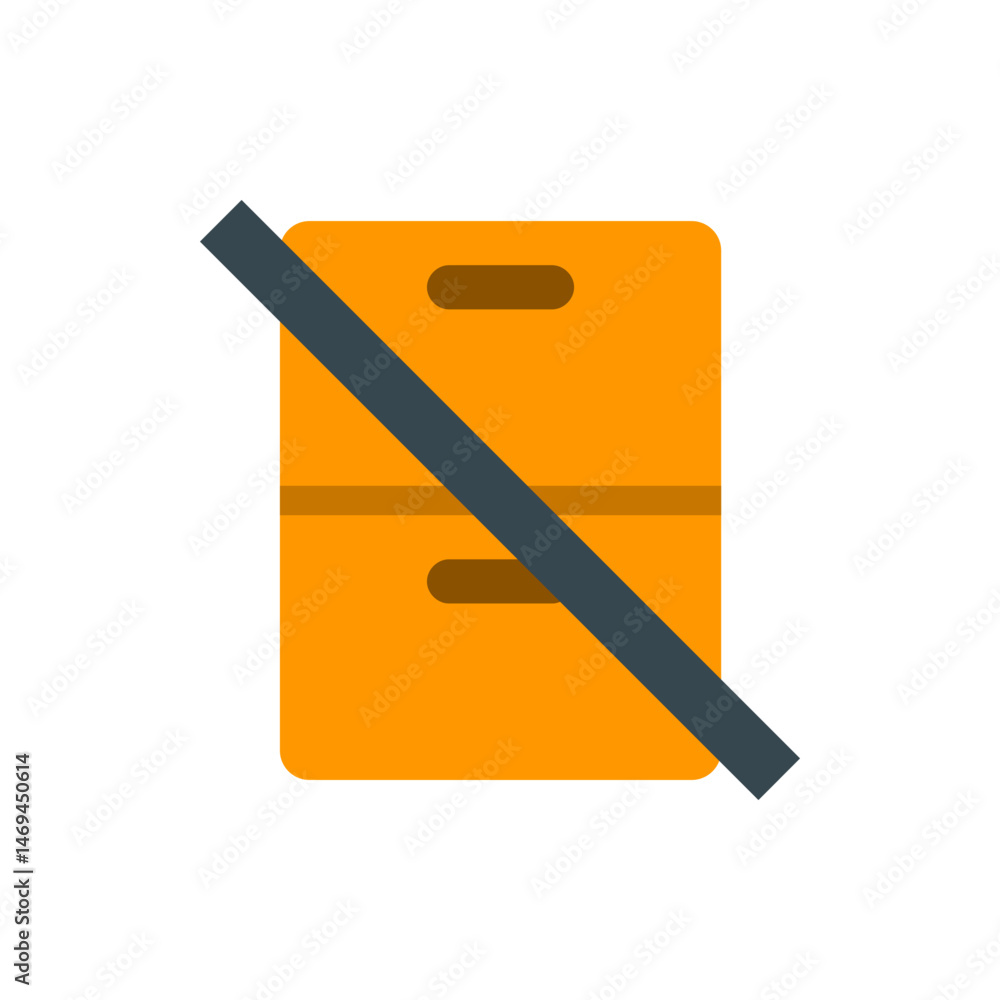 Poster an orange box with two handle cutouts is crossed out by a dark gray bar running diagonally across it