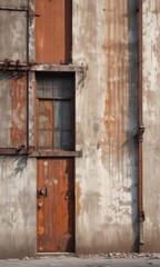 Weathered industrial building facade, peeling paint, rusty metal details , concrete, brick, background