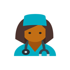 Illustration of a female nurse with brown hair wearing a blue uniform and a stethoscope around her neck