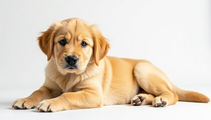 Golden Retriever puppy rests on pristine white backdrop, canine, isolated
