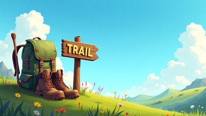 Trail adventure: Backpack, hiking boots, and trail sign, invite viewers to the open trail. Embrace the essence of wanderlust and the lure of the wild. A scene of idyllic adventure.