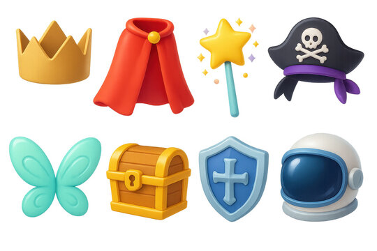 Imaginative play icons set – crown, cape, wand, hat, butterfly, chest, shield, helmet. 3D icon set