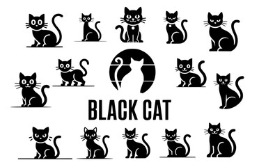 Collection of minimalist black cat silhouette logos for pet branding, feline business, and modern logo design