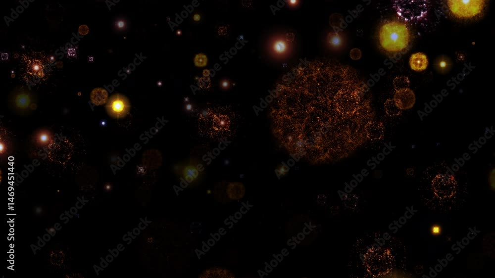Poster loop glow orange spark bomb particles fire falling down animation on black abstract background. 4k 3