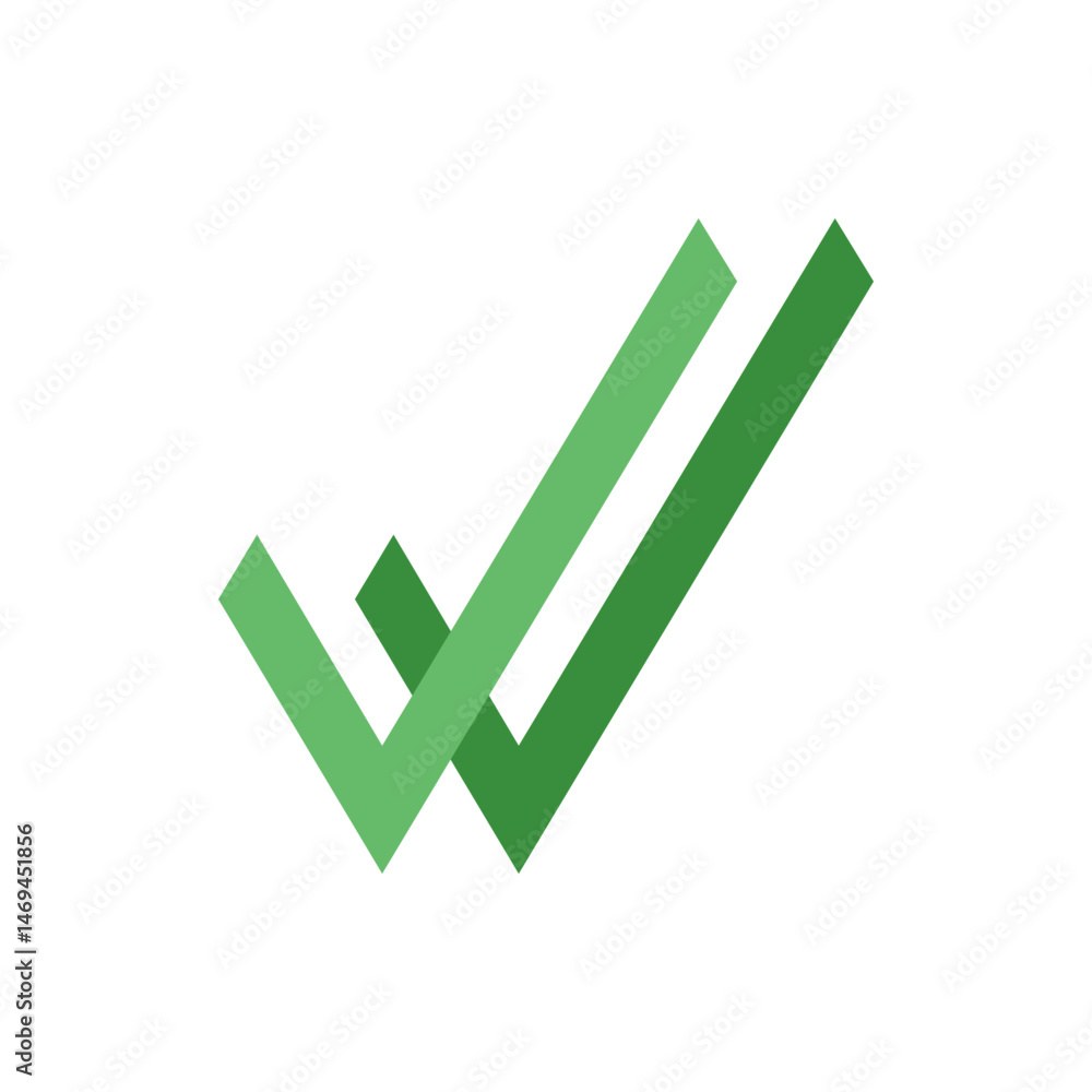 Poster two overlapping green check marks angled on a white background conveying agreement and verification 
