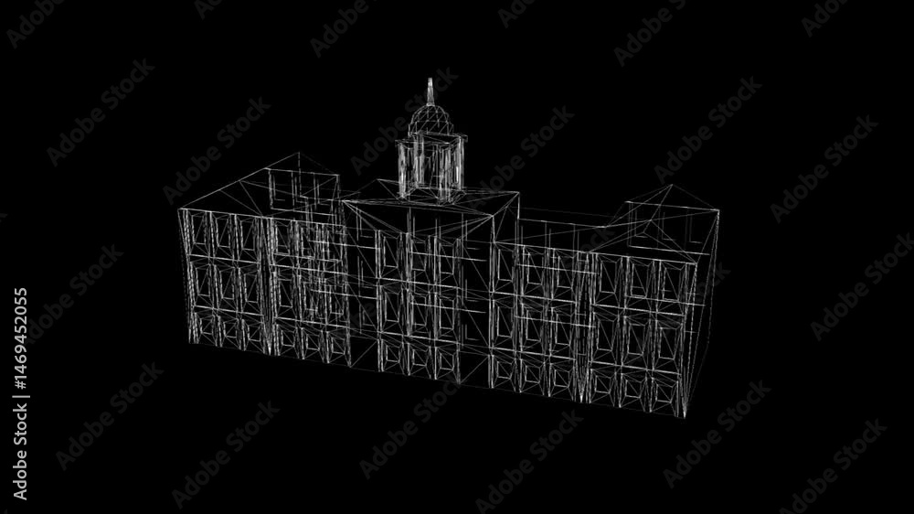 Poster wireframe architectural structure with central dome on dark background