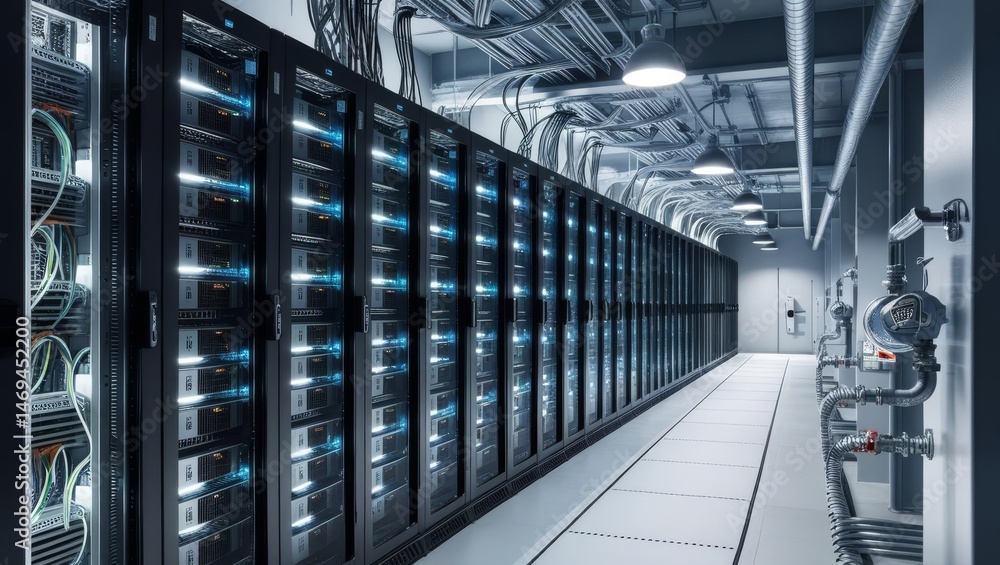 Poster modern data center server room - rows of powerful servers illuminate a modern data center, showcasin