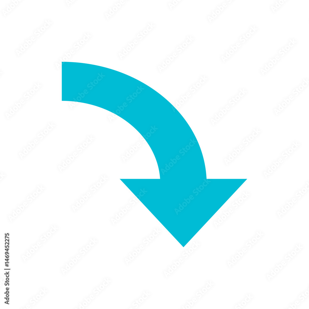 Poster a turquoise curved arrow pointing downwards on a white background in a simple vector illustration st