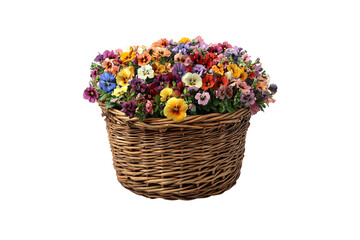 A fuller wicker basket displays a vibrant medley of pansies, radiating multicolored springtime charm effortlessly, isolated on a transparent background