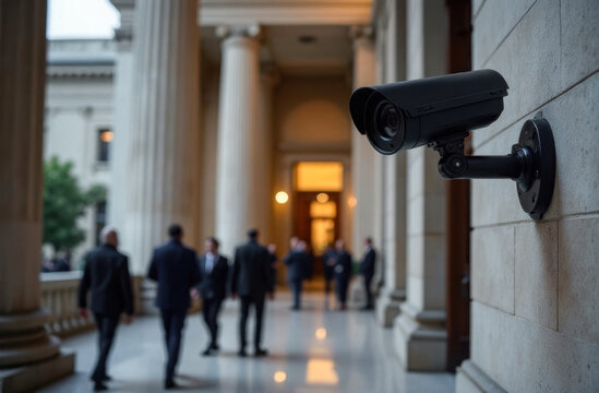 A sophisticated surveillance camera is mounted on a grand architectural wall, overseeing a scene with professionals in business attire mingling in a well-lit corridor of an elegant building.