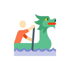 Illustration of a dragon boat race with a person paddling and a green dragon head on the boat in water
