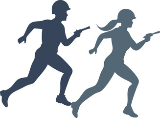 Silhouettes of a Man and Woman Running with Pistols
