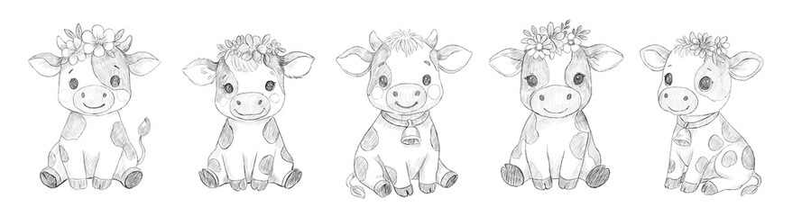 Naklejka premium Adorable Baby Cow Pencil Sketches – Set of 5 Hand-Drawn Calf Illustrations. Created using an AI-assisted base sketch and hand-refined digitally. Ideal for kids room decor, nursery prints.