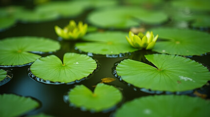  Serenity Below: Close-Up of Water Plants Floating in a Green Pond, Captured in Macro Photography