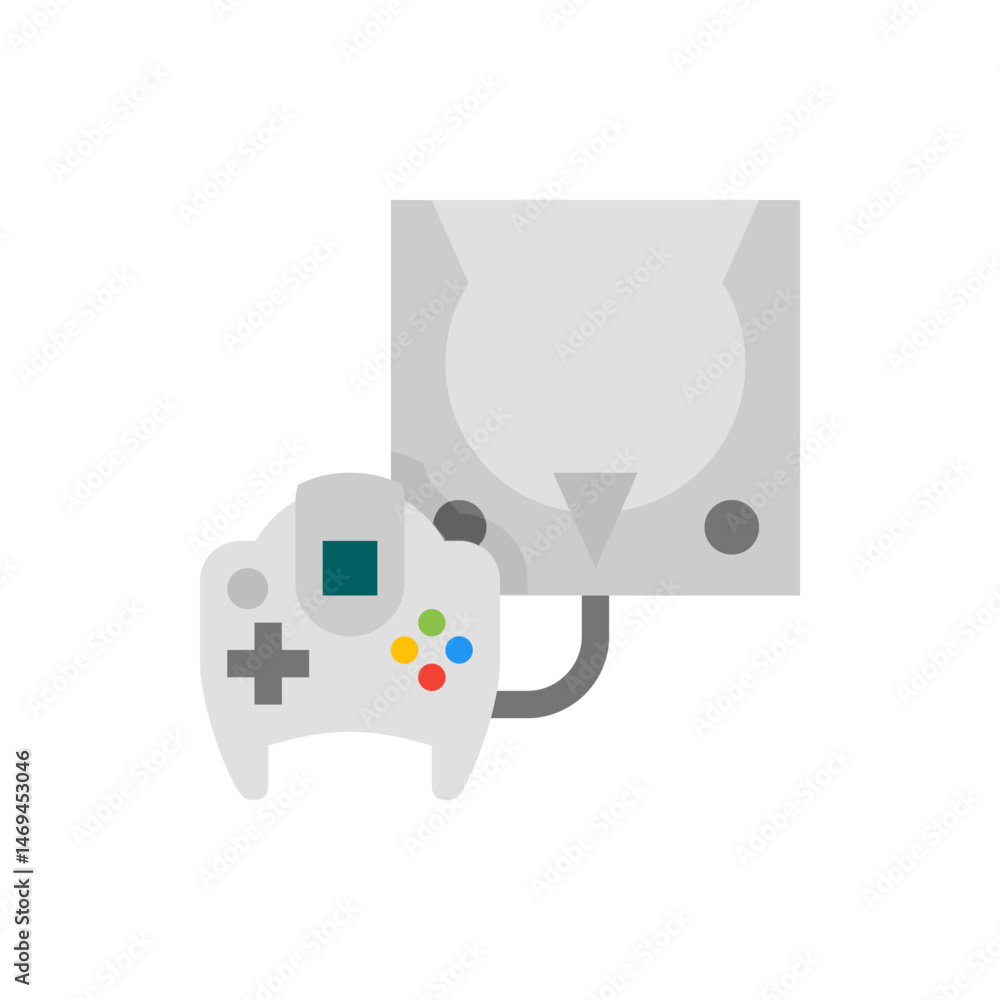 Poster illustration of a white game console with a controller featuring colored buttons and a teal screen