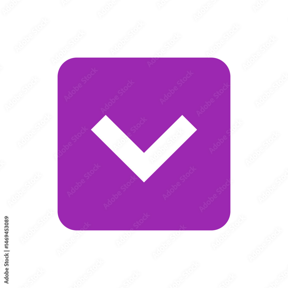 Poster white downward pointing arrow inside a rounded purple square shape on a white background in simple s